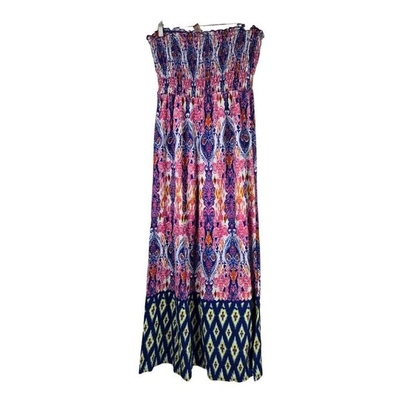 Strapless Maxi Dress Colorful IKAT print Sundress Smocked Babydoll A-line 15/17 - Picture 5 of 9